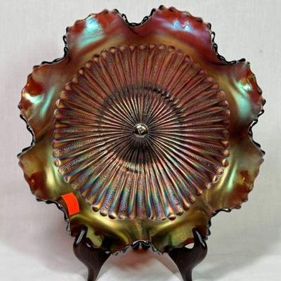 Northwood Stippled Rays amethyst carnival glass bowl, 9 1/2”