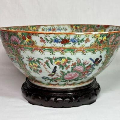 Sale Photo Thumbnail #27: Antique Qing Chinese Export Rose Medallion punch bowl on stand, small chip to rim, 12", Est $1500-$2000