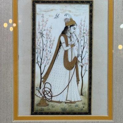 Framed Mughal watercolor on bone, 10 3/4” x 13”