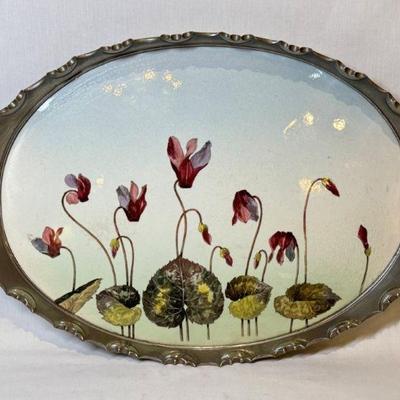 Antique c 1900 Art Nouveau Oletta (Austria) “Fairytale Flowers” pewter mounted porcelain tray on custom stand, 18” x 22 1/2” h