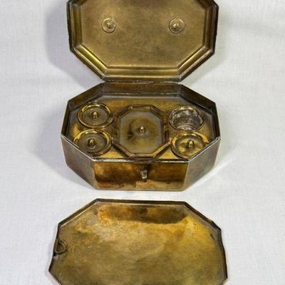 Antique traditional Mughal brass betel paan box, fitted interior, Ishverlal Sevakram & Co Bombay Swan Brand, 6 1/2” x 4 1/2 x 3 1/2”