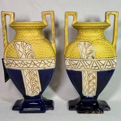 Pair of T Forester England Phoenix Art Faience Moorish mantle vases c 1880, 14” h