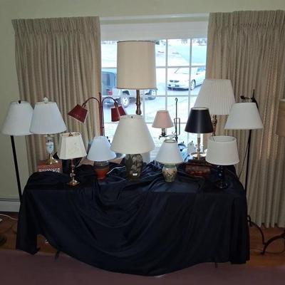 Very cool assortment of lamps, brass, Stiffel, student lights, pottery etc