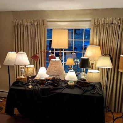 Very cool assortment of lamps, brass, Stiffel, student lights, pottery etc