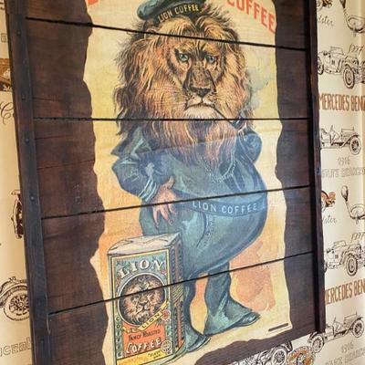 Vintage Woolson Spice Co, Lion Coffee Wood Advertising Sign