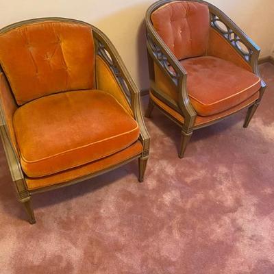 Mid Century Traditional Crushed Velvet Orange Arm Chairs