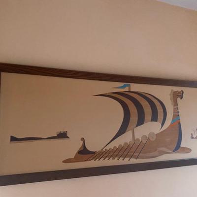 Mid Century Wood/Linen Viking Ship, Signed, Framed