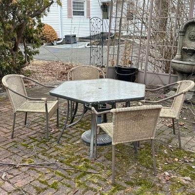 OUTDOOR DINING SET | Including: hexagonal glass top table and 4 metal & wicker chairs. - h. 28 x w. 46 x l. 52 in (table)