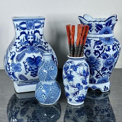 (4pc) Blue & White Asian Porcelain | Including: 2 large vases, double gourd vase, and small vase with 12 chopsticks. - h. 10 x dia. 7...