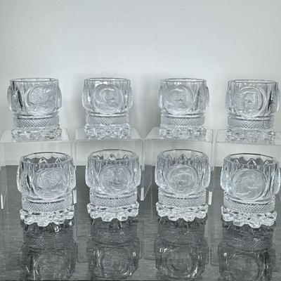 (8pc) GERMAN CUT CRYSTAL GLASSES | Eight unique heavy cut crystal scotch/high ball glasses with historical figure carved on each. - h....