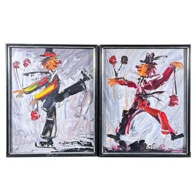 (2pc) Clown Wall Art | Palate Knife paintings of complimentary clowns, signed by artist Katz. - h. 21 x w. 17 in
