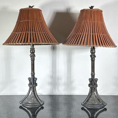 (2pc) Bamboo Inspired Lamps | Matching end table lamps with metal base and bamboo type shade. - h. 28.5 x dia. 16 in (shade at bottom)

