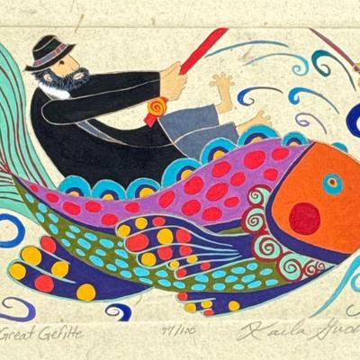 KARLA GUDEON PRINT | The Great Gefilte. Color lithograph on paper. 5 x 7 in. Sight. Signed, titled, and numbered “77/100” on bottom. - h....