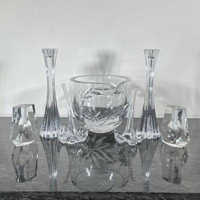 (7pc) MIXED CUT CRYSTAL & GLASS | Including; large cut glass bowl, pair of Rogaska candle stick holders from Slovenia, flowers, and...
