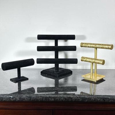 (3pc) BRACELET STANDS | Lot of 3 bracelet stands including 2 felt stands & 1 metal. - h. 12 x w. 12 x d. 10 in (largest)