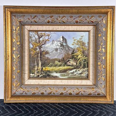 SIGNED MOUNTAIN OIL PAINTING | Mountain Oil on canvas. 8 x 10 in. Sight. Signed lower right. - h. 15 x w. 17 in (Frame)