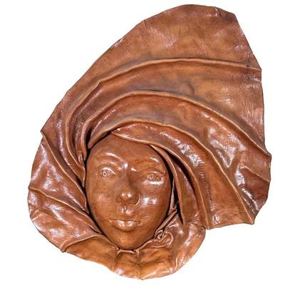 3D Leather Wall Art | Formed face wrapped in scarf constructed out of leather. Hand made. - h. 18 x w. 16 in

