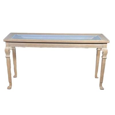 WOOD & GLASS CONSOLE TABLE | Carved wood console table with inlay beveled glass top. - h. 28 x w. 54 x d. 17 in