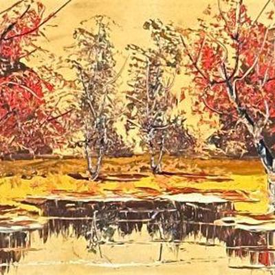 MORRIS KATZ (1932-2012) | Autumn Reflections. Oil on board. 15.5 x 37.5 in. Board. Signed lower right, labeled on frame. - h. 21 x w. 43...