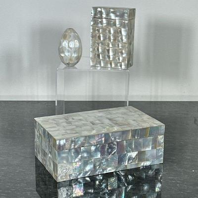 (3pc) MOTHER OF PEARL BOX & OTHER | Including: large mother of Pearl covered box, mother of Pearl egg, and smaller mother of Pearl...