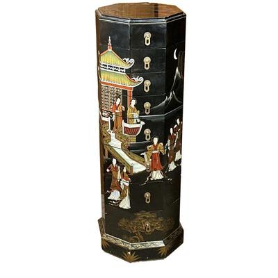 OCTAGONAL ASIAN CHEST OF DRAWERS | Lacquered octagonal chest of drawers with figurative scene and 8 drawers. - h. 40 x w. 14 x d. 14 in