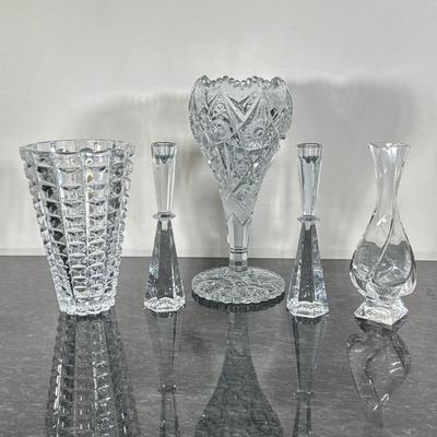 (5pc) Glass Vases and Candle Stick Holders | Including; Imperial Cut glass tulip shape vase, Contemporary glass vase, twisted bud vase,...