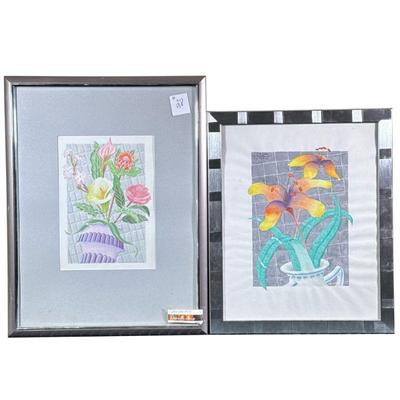 (2pc) HERSCHLAG FRAME STILL LIFE'S | Floral on Grey Tile. Watercolor on paper. 13.5 x 9.5. Signed & dated on bottom, titled on...