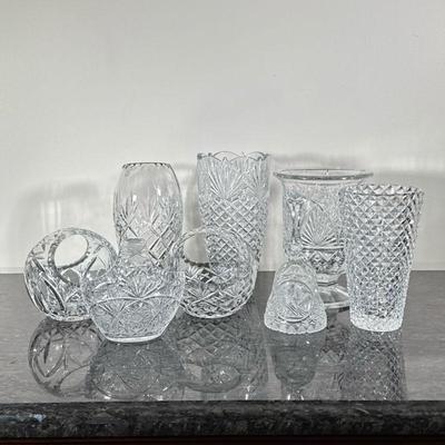 (8pc) MIXED CUT CRYSTAL & GLASS | Including: Four cut glass & crystal vases, bell, and 3 handled bowls. - h. 10 x dia. 5 in...