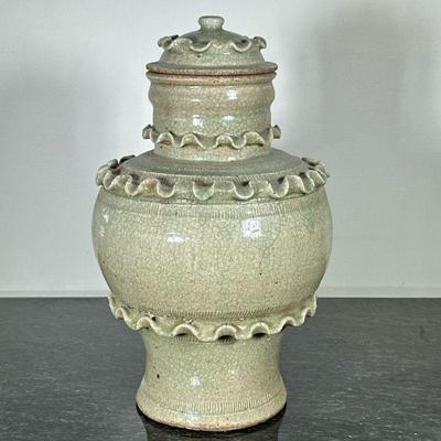 LIDDED CERAMIC URN | Cracked glaze ceramic urn. - h. 16 x dia. 9 in

