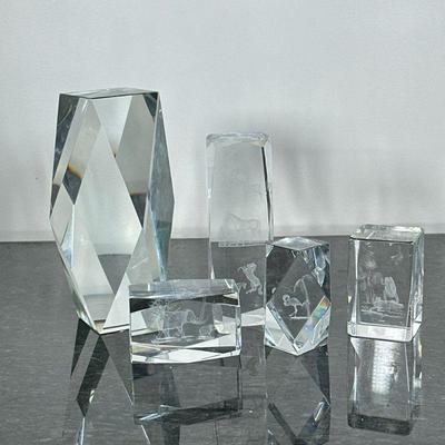 (5pc) CUT GLASS PAPERWEIGHTS | Mixed lot of cut glass & etched paperweights. - h. 7.25 x w. 4.5 x l. 4.5 in (largest)