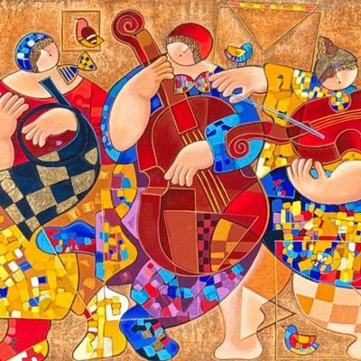 DORIT LEVI (Israeli b. 1952) SERIGRAPH | Musicians at the Fair. Serigraph on canvas. 26.5 x 36.5 in. sight Print signed lower left. - h....