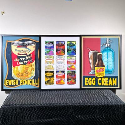 (3pc) JEWISH FOOD POP ART | Including: ”Jewish Penicillin” Manischewitz Matzo Ball Soup Artist Proof signed Marv E Lindenman Egg Cream...
