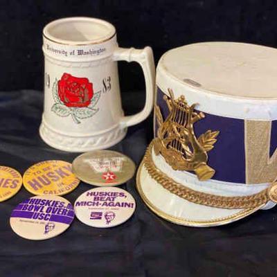 Vintage marching band hat & university of washington buttons & mug