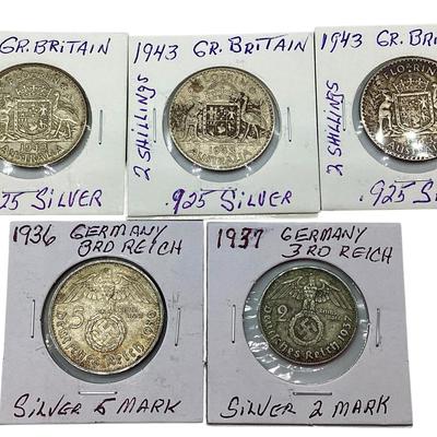 TN24 1943 Great Britain Shillings, 1936, 37 German 3rd Reich Silver Marks