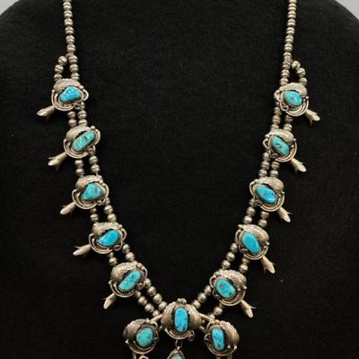 TN180 Vintage Navajo Sterling & Turquoise Squash Blossom Necklace By Cecil Henry