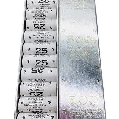 TN136 Silver Box Of 500 Nickels Collection All AU, 20 Rolls