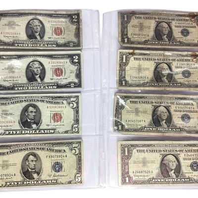 TN92 Eight Old Notes $1’s & $5 Silver Certs, $2’s & $5 Red Seals