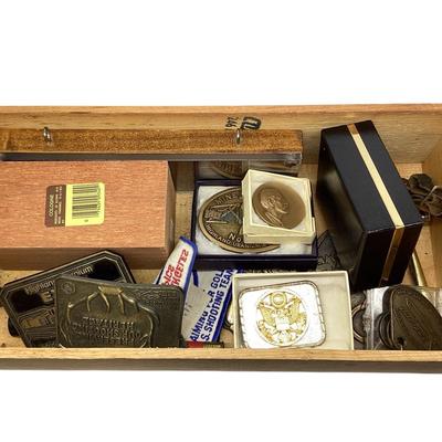TN16 Wooden Box Of Buckles, Boeing Key Chains, Bronze Medal, & More