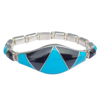 TN169 Geometric Mexico Sterling Turquoise, Black Onyx, Inlay Bracelet