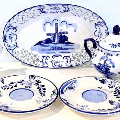 Eight-Piece Delft Blue Hand-Painted Ceramic Set