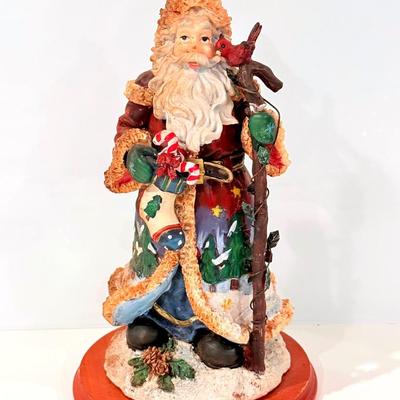 Vintage Old World Santa Claus Red Cardinal Bird Resin Statue Figure Wooden Base