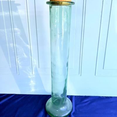 Vintage 23” Tall Green Glass Vase — Spanish Style, Hand-Blown Cylinder