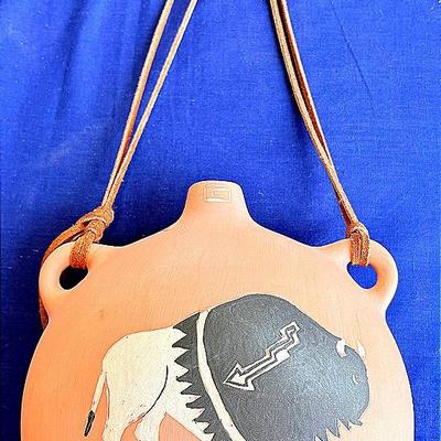 Handcrafted Buffalo Painted Canteen-Style Pottery – 6” Tall x 5.5” Wide