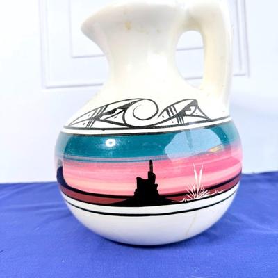Decorative White Southwestern Ceramic Pitcher 8.5"