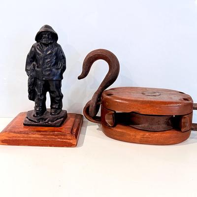 Antique Industrial Anvil Brand Wooden Block & Tackle Pulley with Iron Hook (14”) 