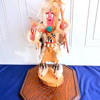 Handcrafted Native American Warrior Figure - Real Fur & Feathers W/glass Case 