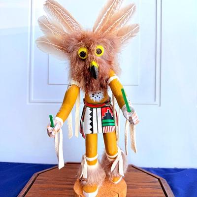Signed Hopi Kachina Doll "The Owl Dancer" by Lucy E - Stunning Display with Glass Case