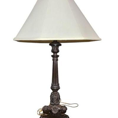 JAKA819 Vintage Ethan Allen Style Lamp	French lamp with ornate bronze neoclassical tripod base, tested and confirmed to work....