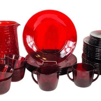JAKA202 Vintage Royal Ruby Red Glass Assortment	Assortment of Ruby Red glass dishes.
