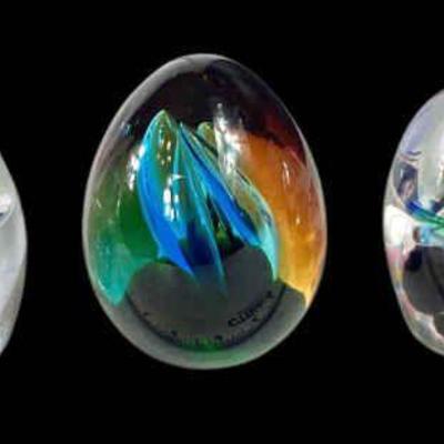JAKA722 Vintage Murano Blue and Yellow Egg Shaped Glass and More	Vintage Murano blue and yellow glass egg shaped paperweight, approx. 4.25
